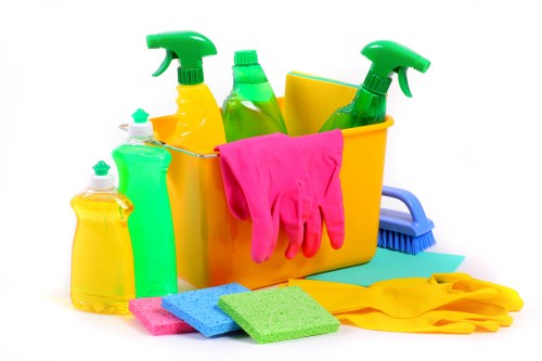 Technician inspecting cleaning equipment and safety measures